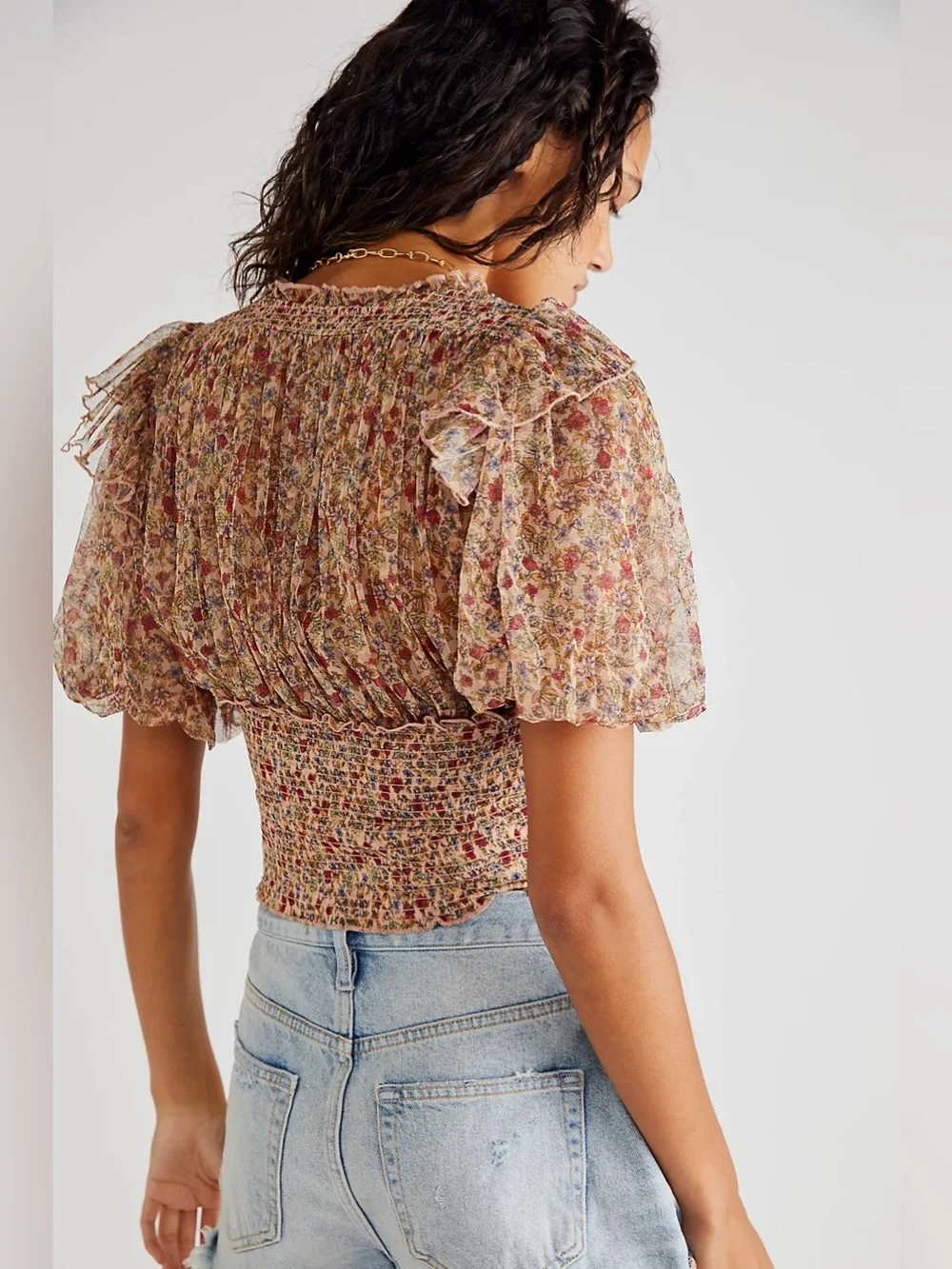 Free People Smocked Floral Lace-Up Crop Top XL NWOT Boho Prairie Cottagecore